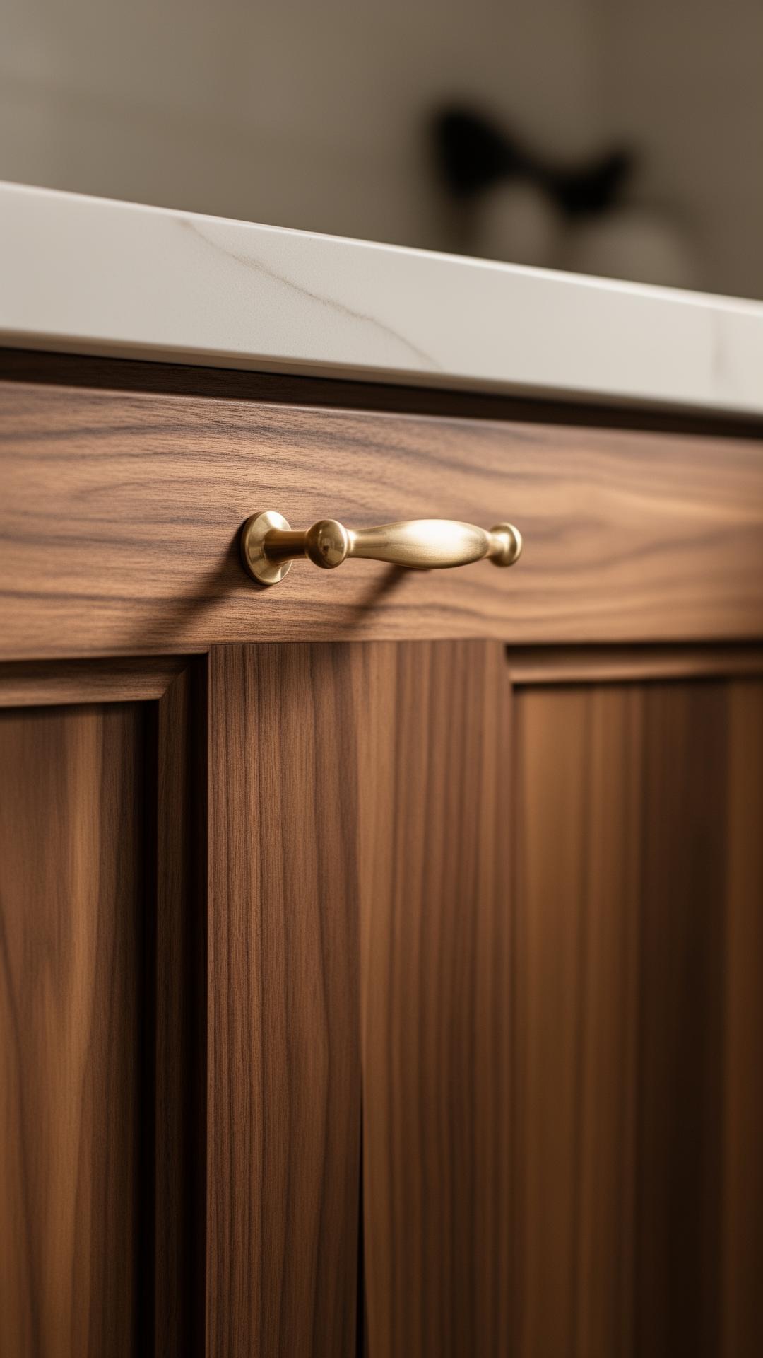 Walnut cabinetry detail with brass pull