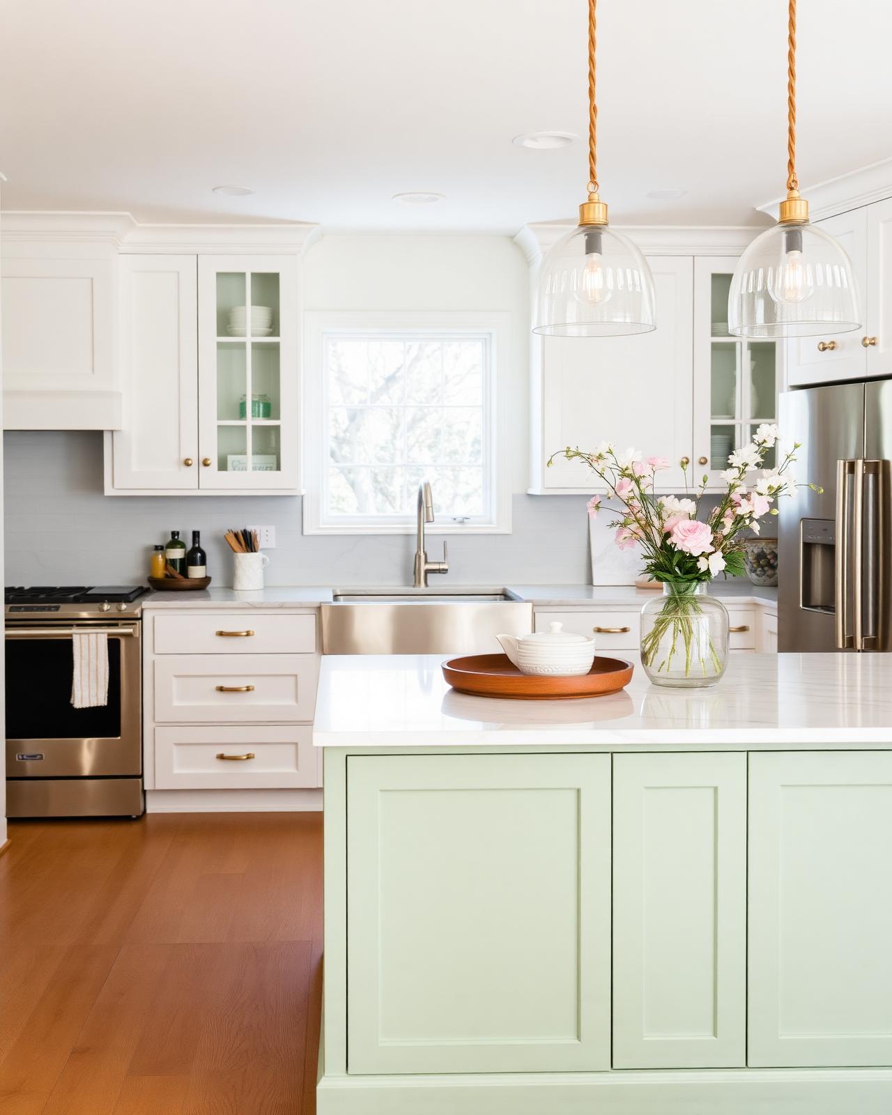 Sage island kitchen with brass pulls