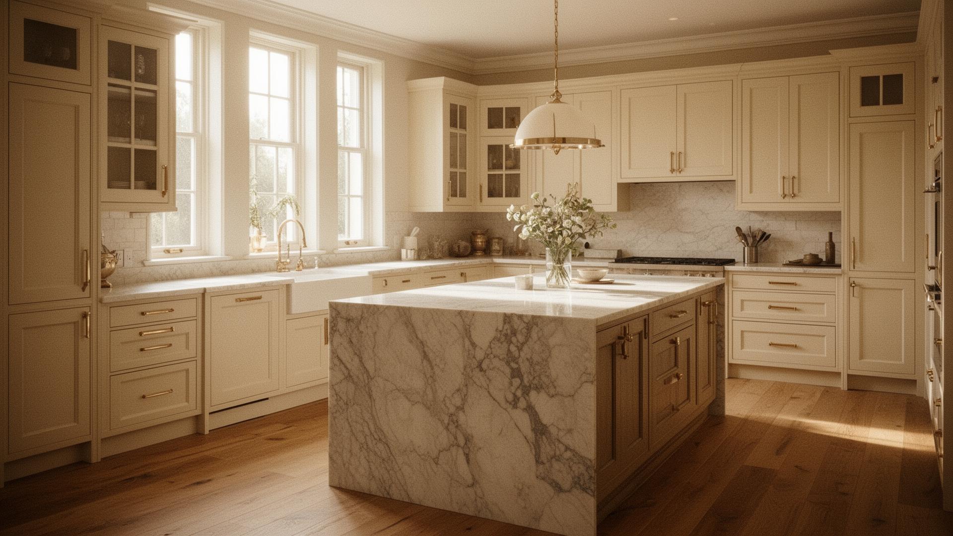Custom ivory cabinetry in a sunlit kitchen with marble island